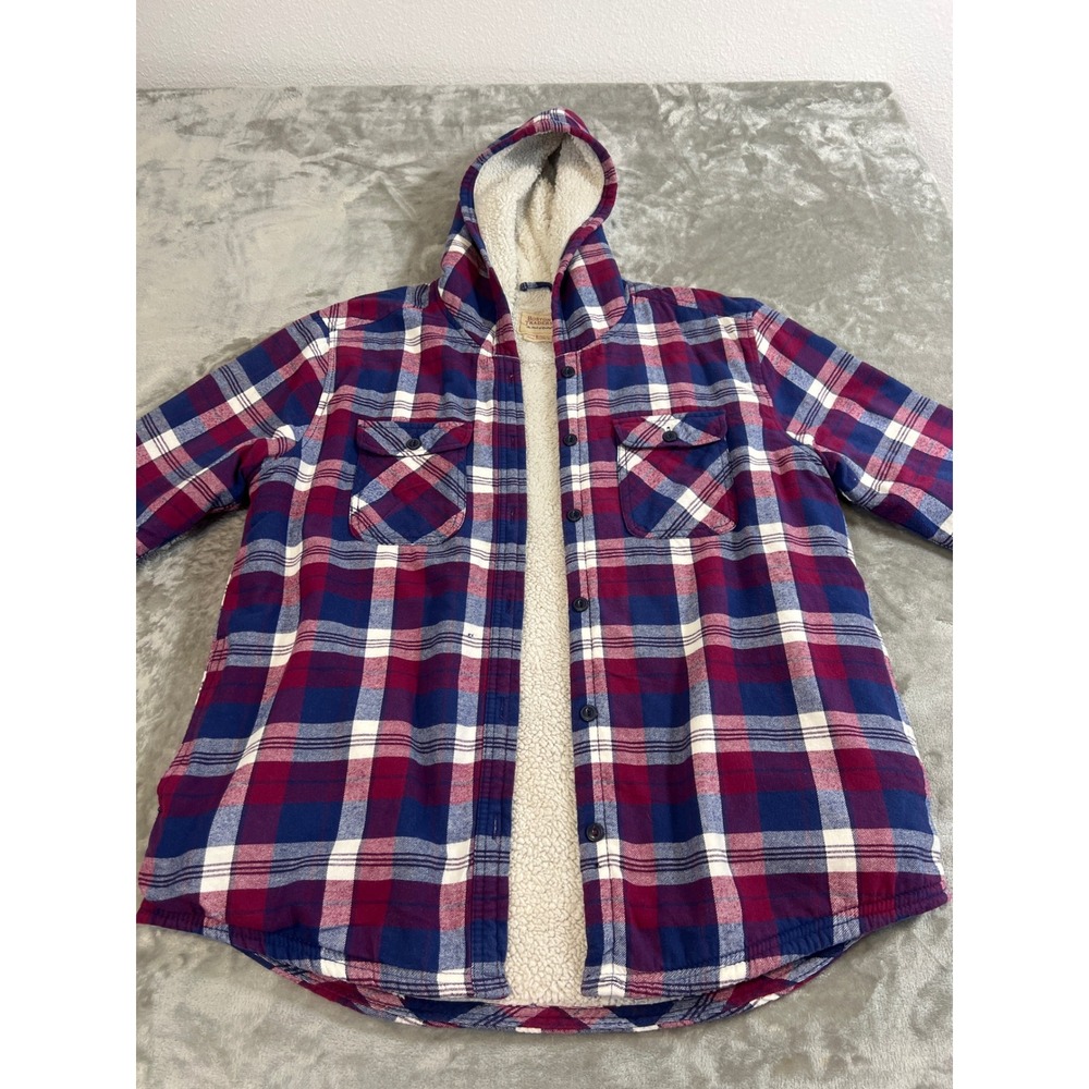 Boston Traders Mens Sherpa Lined Plaid Flannel Hooded Shirt Jacket Red Blue L - Picture 1 of 14